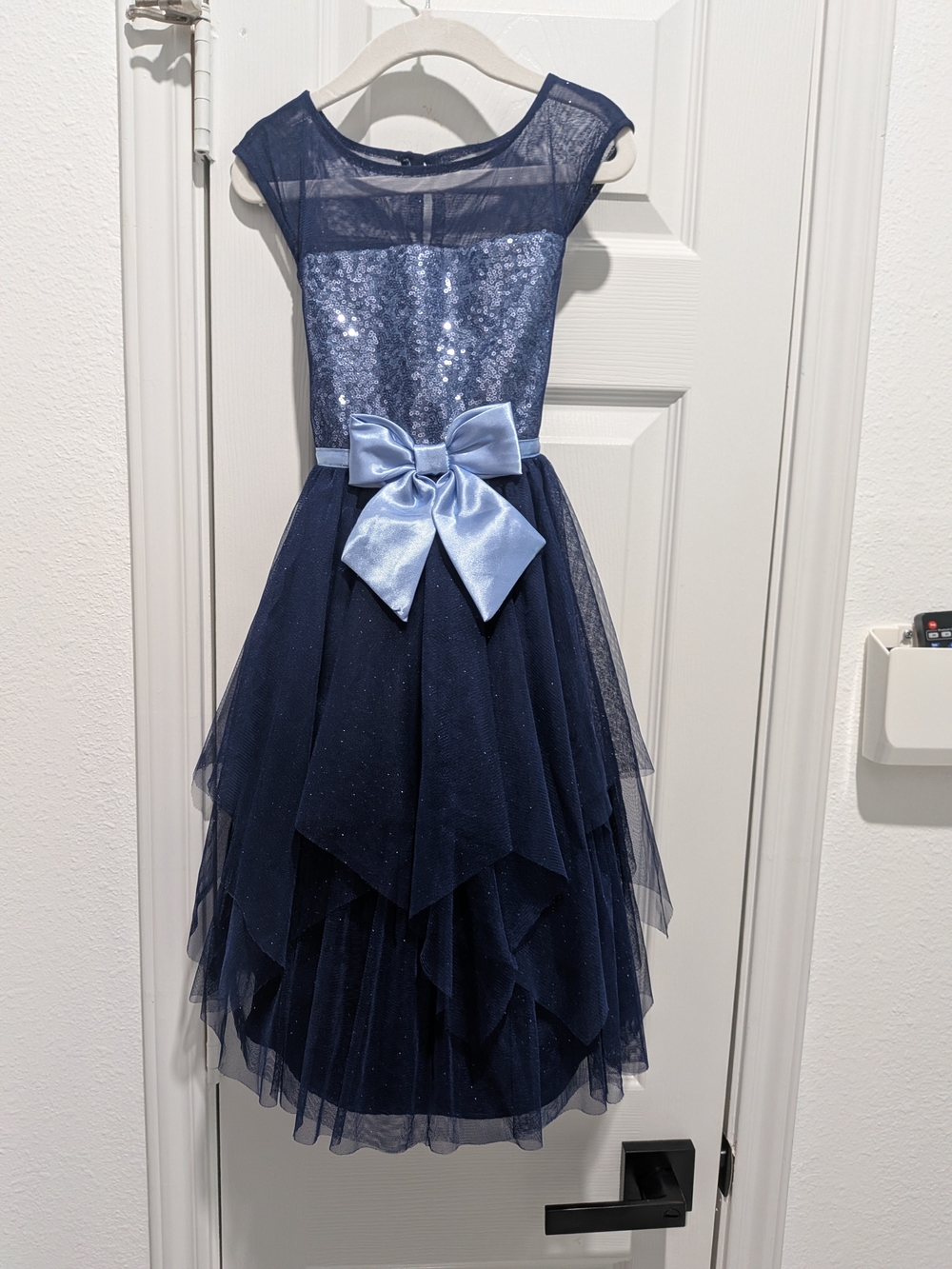Jona Michelle Navy Sequin Tulle Dress with Light Blue Bow